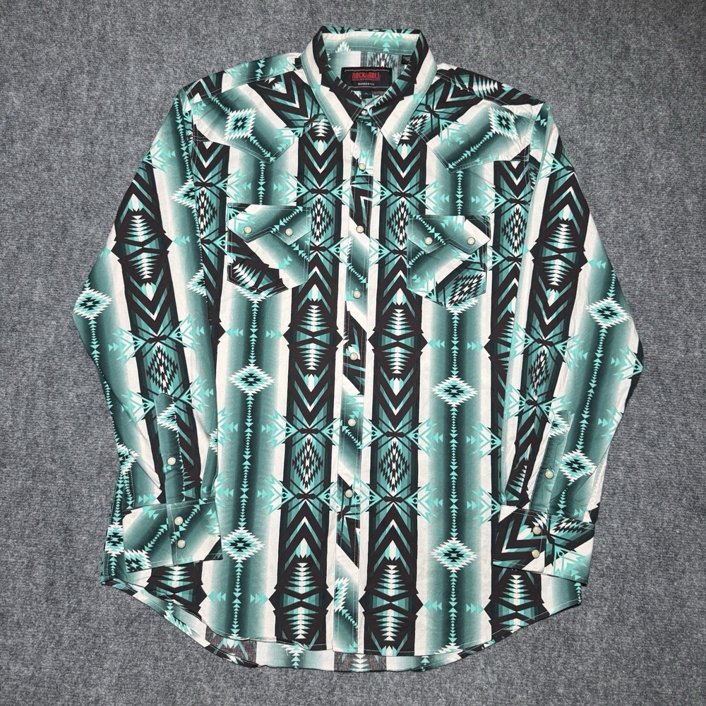 Rock and Roll Denim Pearl Snap Shirt Men XL Modern Fit Aztec Print Teal & White